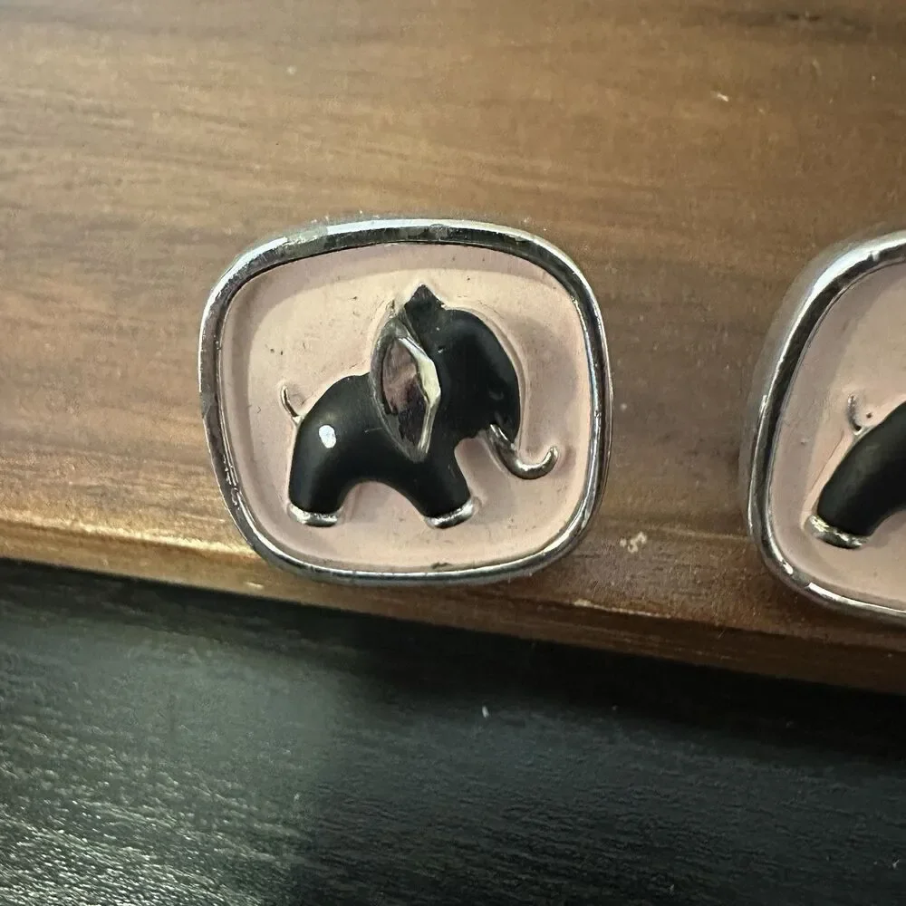 Vintage Hickok Silver Tone Black Elephant Pink Enamel Cuff links MCM‎ USA